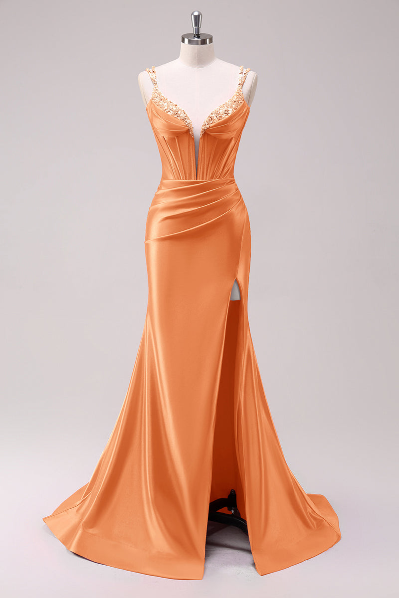 Laden Sie das Bild in den Galerie-Viewer, Glitzer Schwarz Korsett Spaghettiträger Lange Abendkleid mit Schlitz