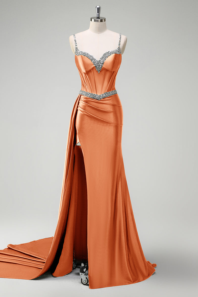 Laden Sie das Bild in den Galerie-Viewer, Glitzer Salbei Spaghettiträger Korsett Lange Abendkleid mit Schlitz