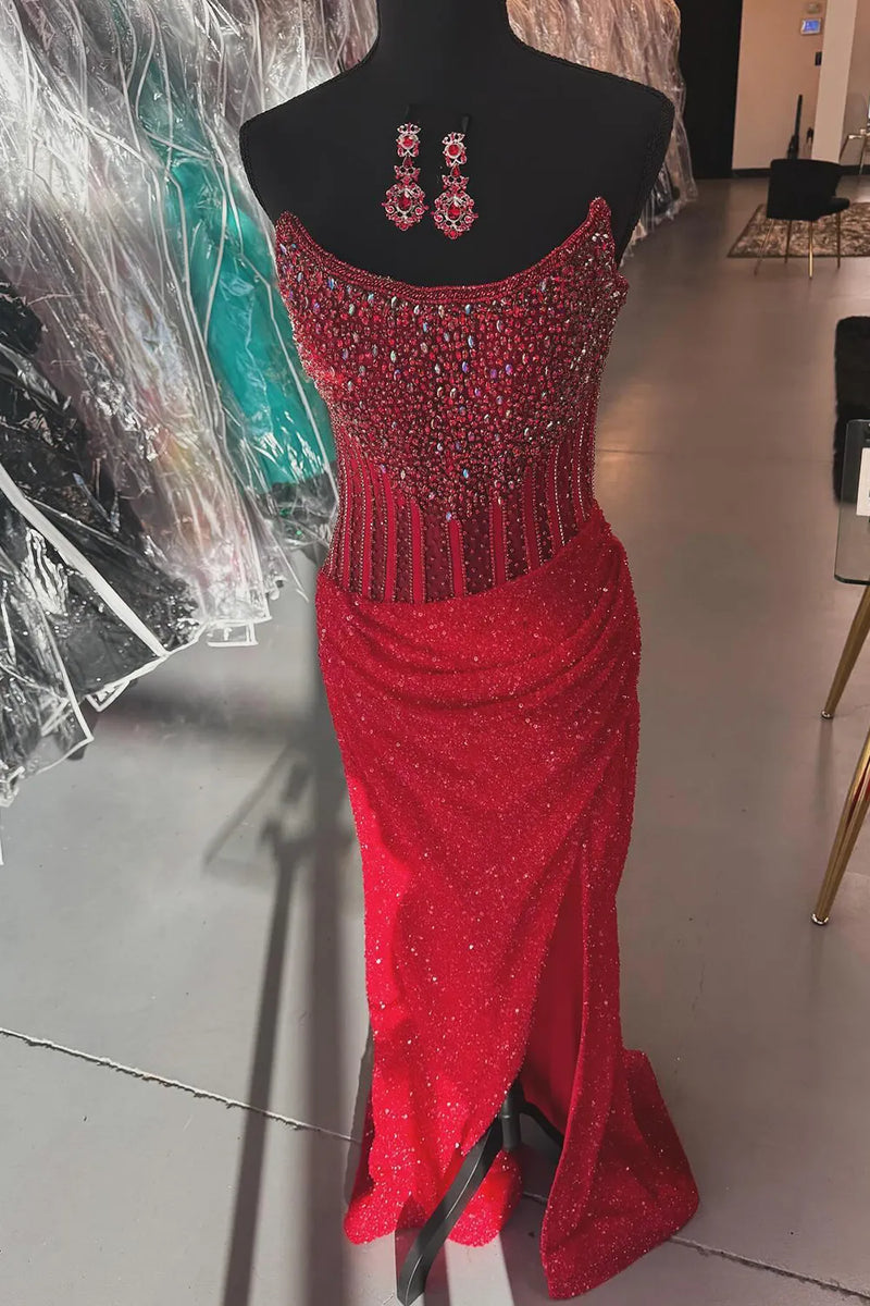 Laden Sie das Bild in den Galerie-Viewer, Glitzer Königsblau Meerjungfrau Trägerlos Langes Abendkleid mit Schlitz