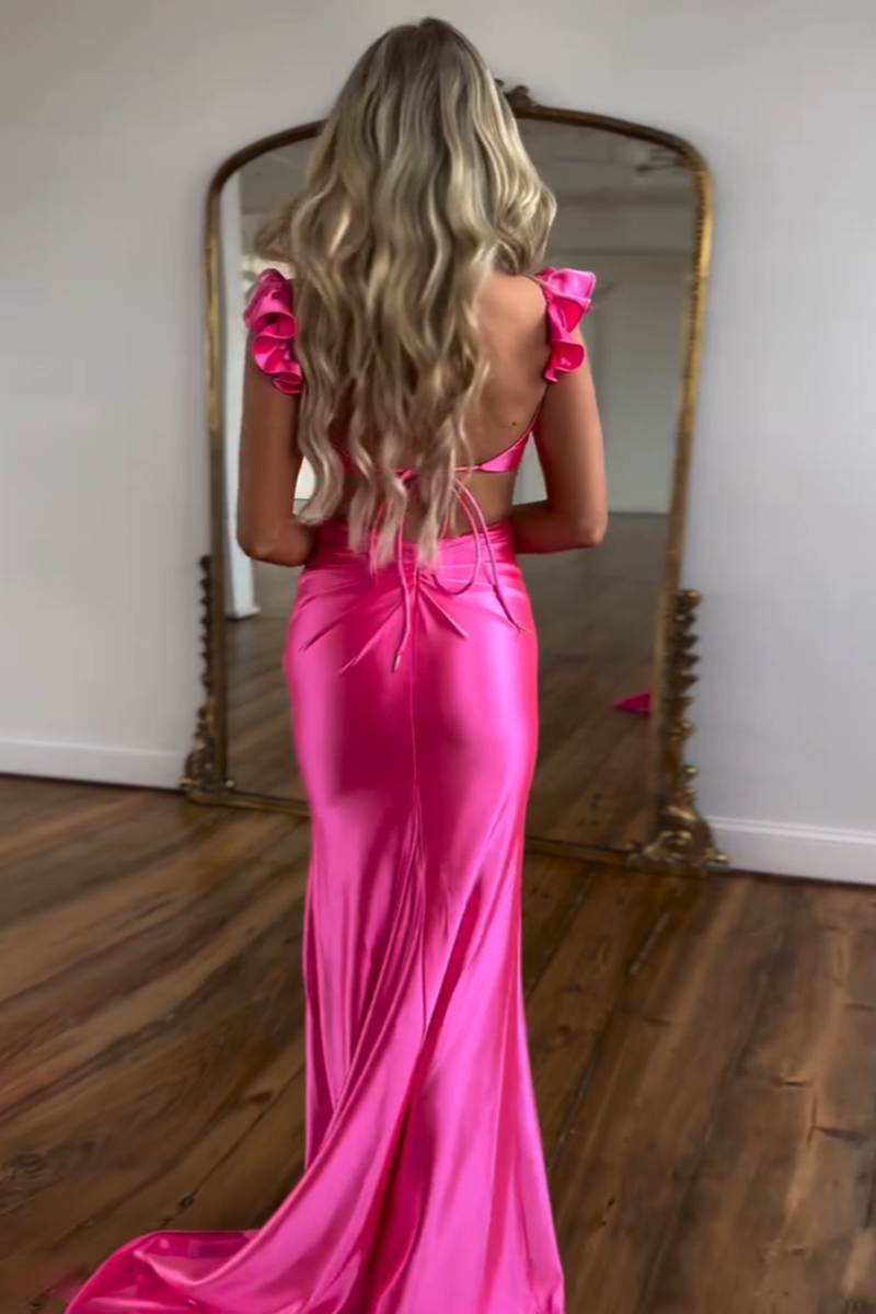 Laden Sie das Bild in den Galerie-Viewer, Sexy Heißes Rosa Meerjungfrau Blumen Satin Lang Abendkleider