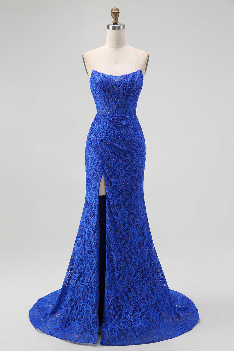 Laden Sie das Bild in den Galerie-Viewer, Königsblau Herz-Ausschnitt Meerjungfrau Spitze Lange Korsett Ballkleid mit Schlitz