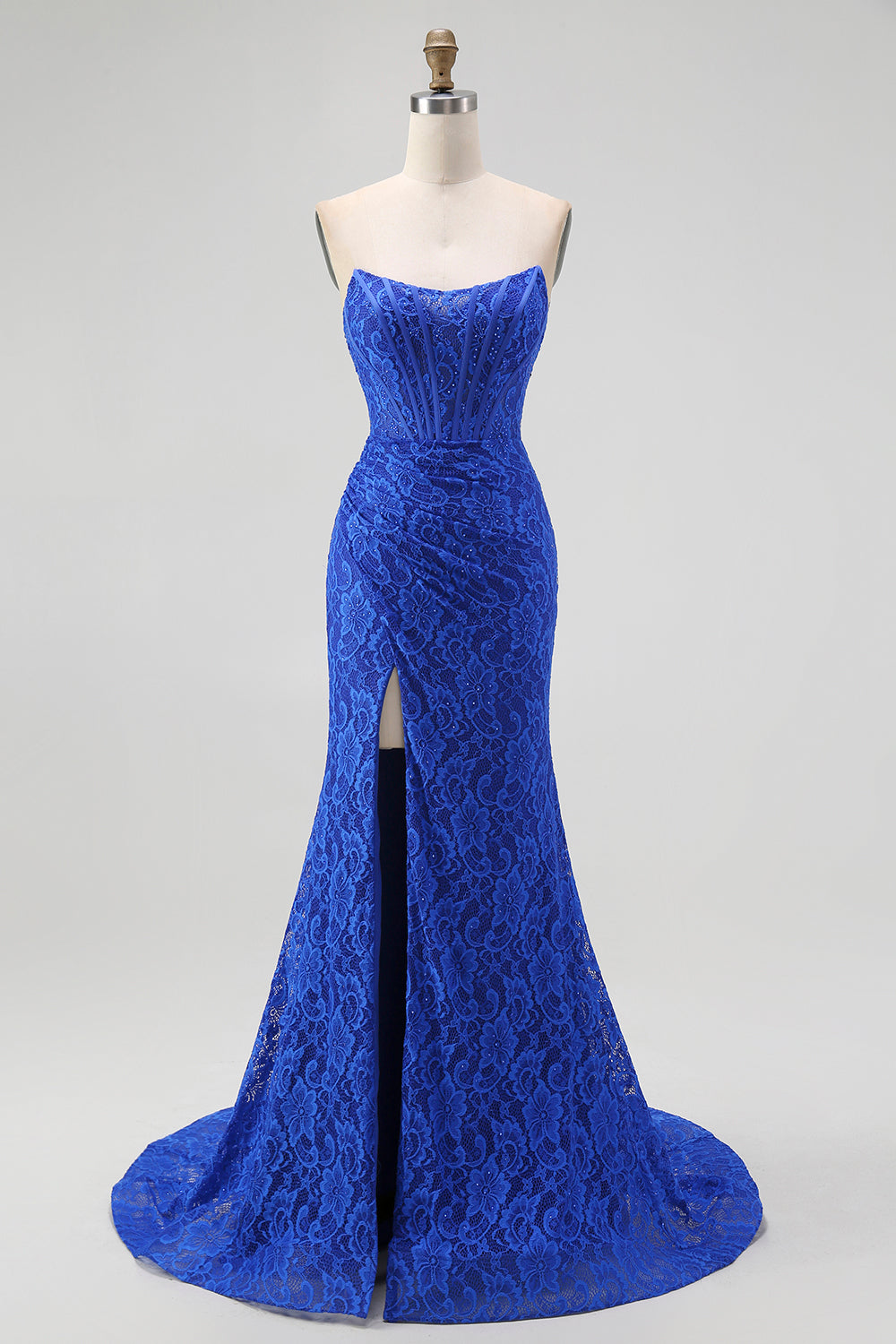 Königsblau Herz-Ausschnitt Meerjungfrau Spitze Lange Korsett Ballkleid mit Schlitz