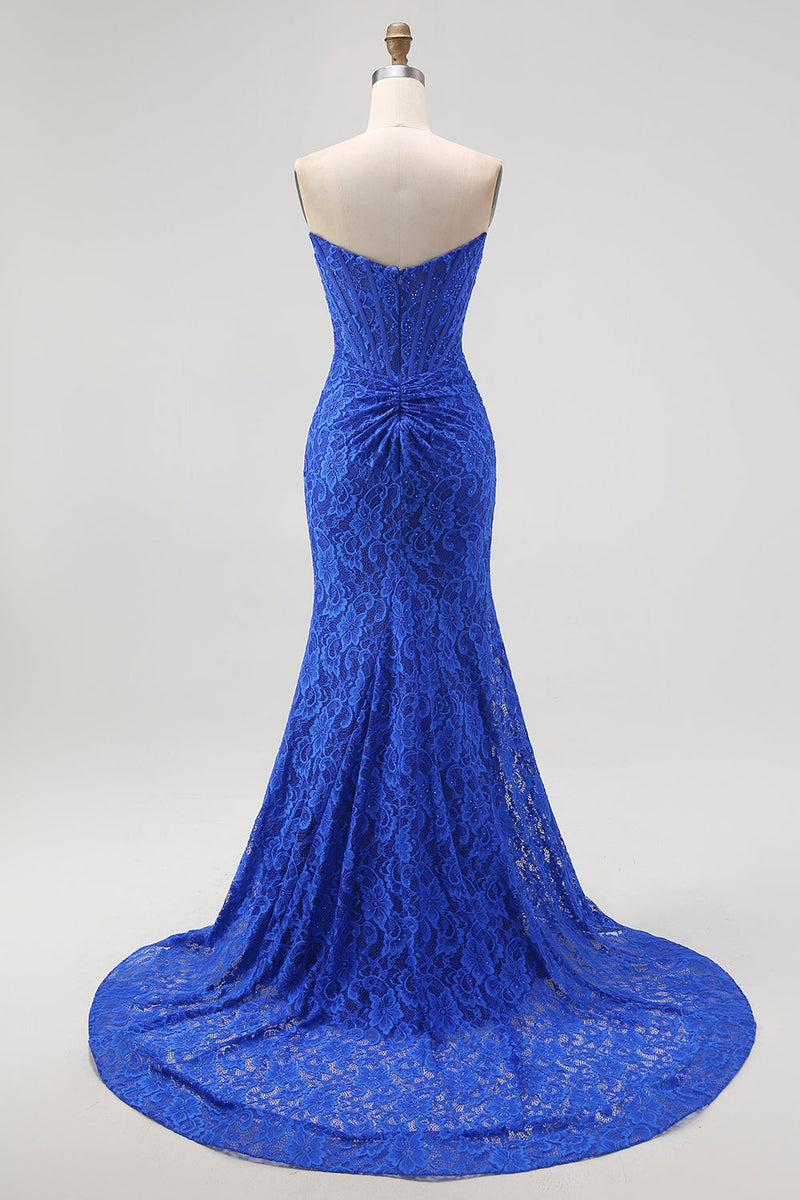Laden Sie das Bild in den Galerie-Viewer, Königsblau Herz-Ausschnitt Meerjungfrau Spitze Lange Korsett Ballkleid mit Schlitz