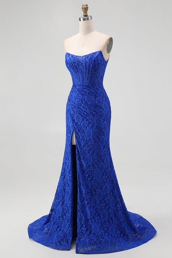 Königsblau Herz-Ausschnitt Meerjungfrau Spitze Lange Korsett Ballkleid mit Schlitz
