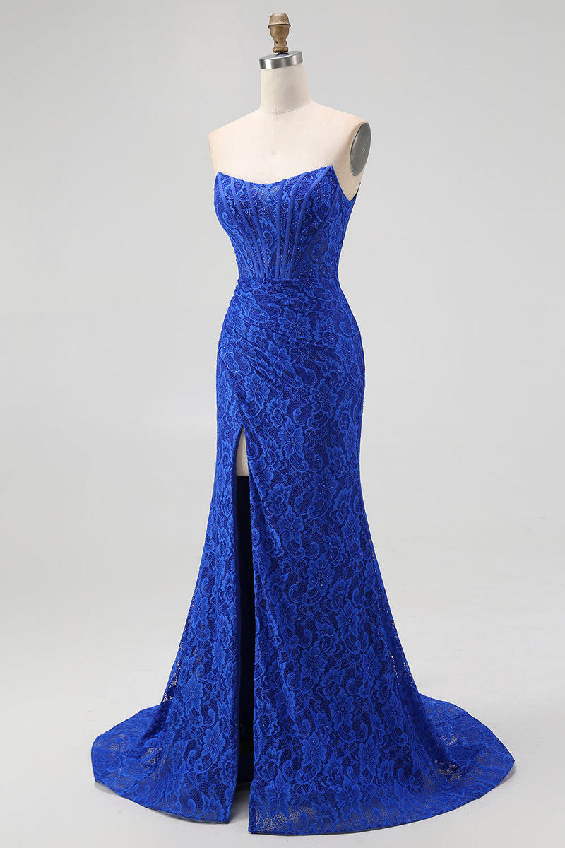 Laden Sie das Bild in den Galerie-Viewer, Königsblau Herz-Ausschnitt Meerjungfrau Spitze Lange Korsett Ballkleid mit Schlitz