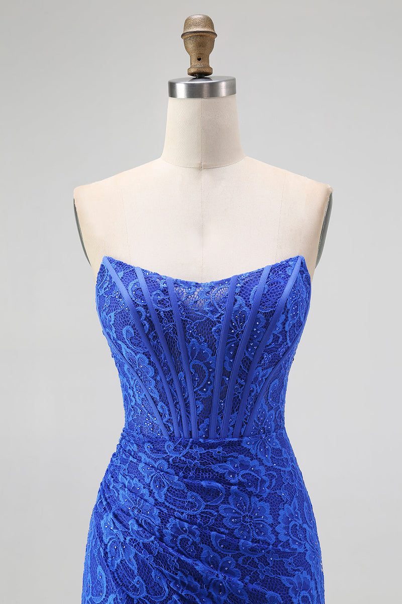 Laden Sie das Bild in den Galerie-Viewer, Königsblau Herz-Ausschnitt Meerjungfrau Spitze Lange Korsett Ballkleid mit Schlitz