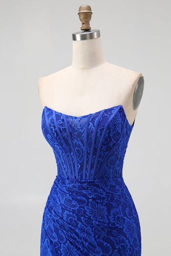 Königsblau Herz-Ausschnitt Meerjungfrau Spitze Lange Korsett Ballkleid mit Schlitz
