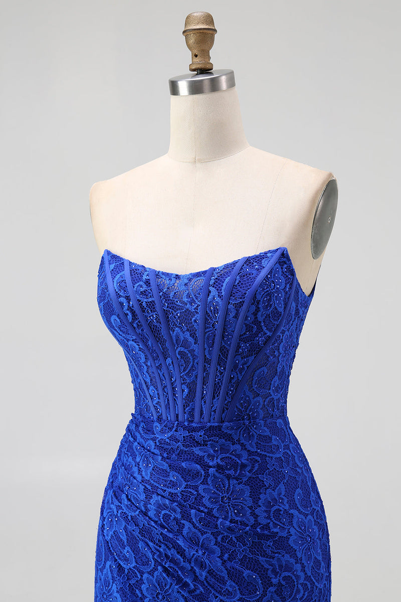 Laden Sie das Bild in den Galerie-Viewer, Königsblau Herz-Ausschnitt Meerjungfrau Spitze Lange Korsett Ballkleid mit Schlitz