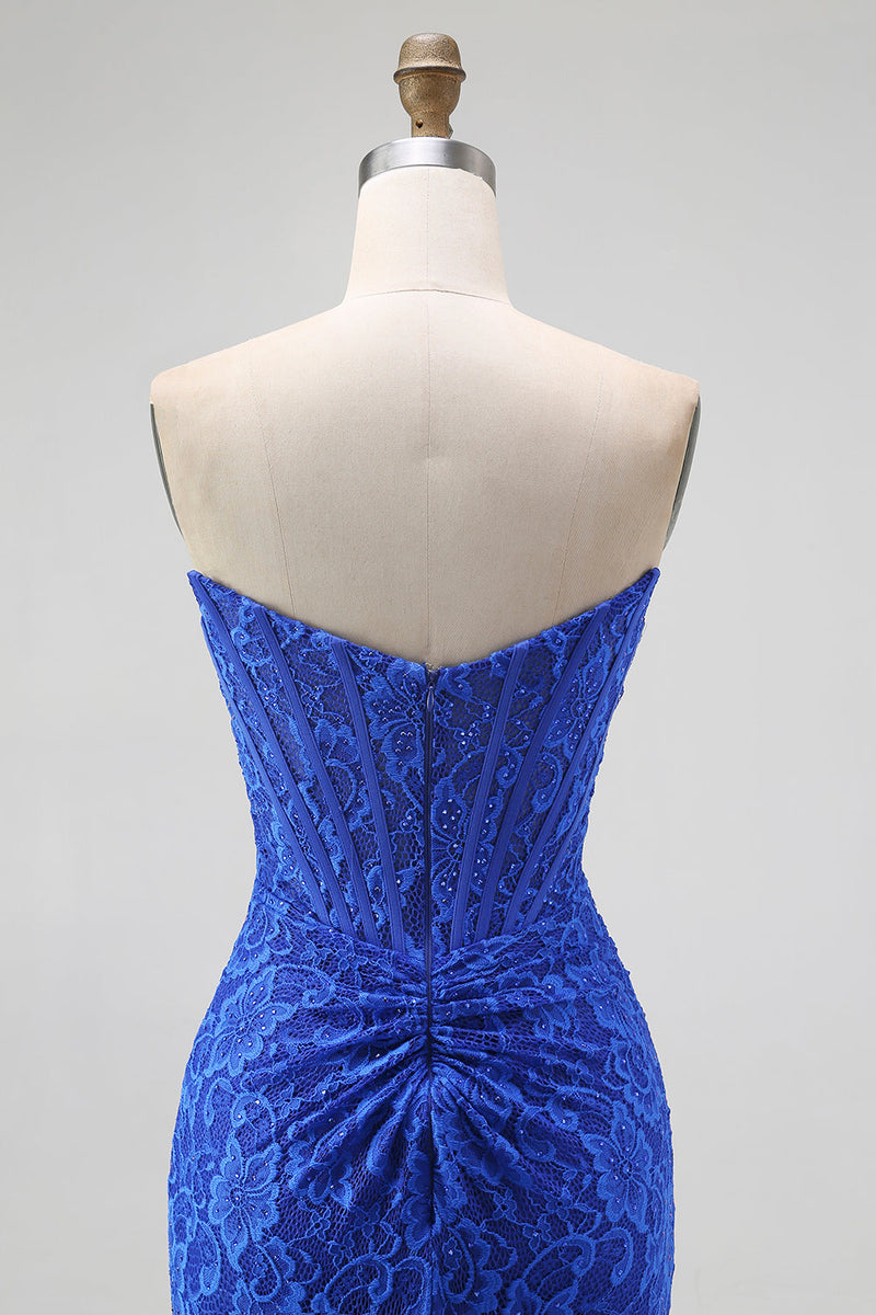 Laden Sie das Bild in den Galerie-Viewer, Königsblau Herz-Ausschnitt Meerjungfrau Spitze Lange Korsett Ballkleid mit Schlitz