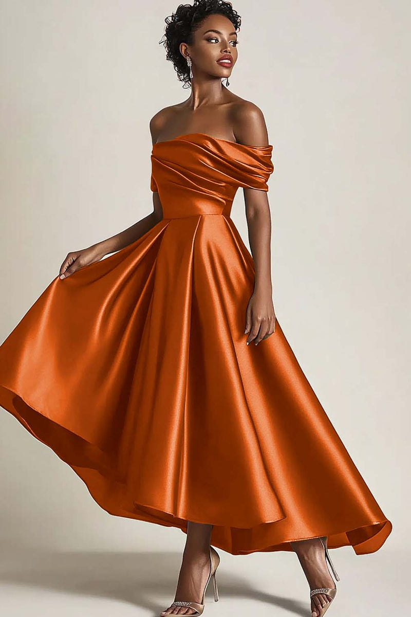 Laden Sie das Bild in den Galerie-Viewer, Off Schulter Satin Olivgrün A-Linien Langes Kleid für die Brautmutter