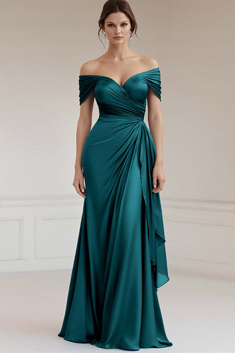 Pfauengrün Sheath Satin Schulterfreie Lange Formelle Kleid
