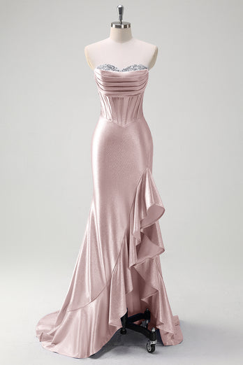 Glitzer Graublau Korsett Satin Lange Abendkleid mit Rüschen Schlitz