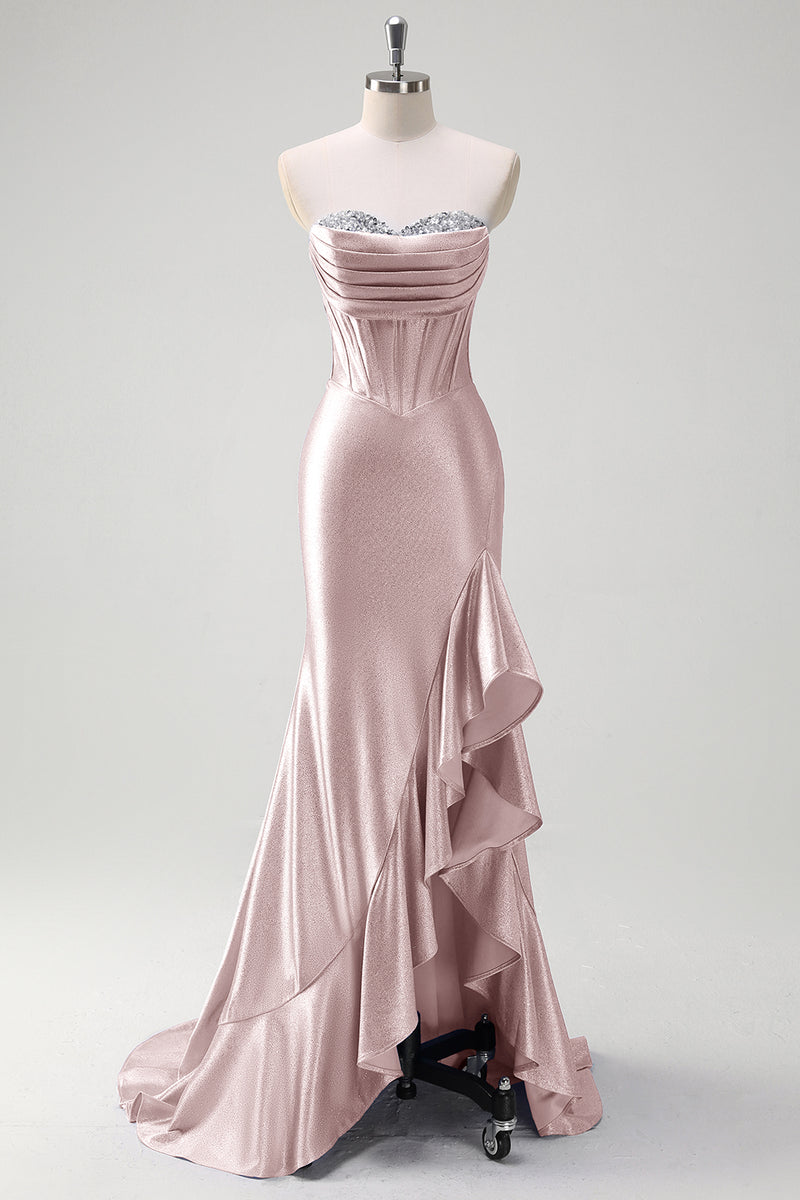 Laden Sie das Bild in den Galerie-Viewer, Glitzer Graublau Korsett Satin Lange Abendkleid mit Rüschen Schlitz