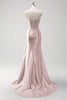 Laden Sie das Bild in den Galerie-Viewer, Glitzer Graublau Korsett Satin Lange Abendkleid mit Rüschen Schlitz