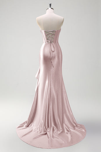 Glitzer Graublau Korsett Satin Lange Abendkleid mit Rüschen Schlitz