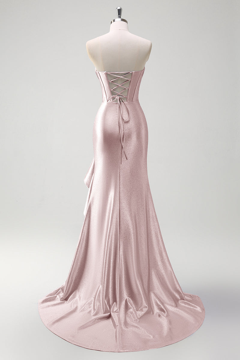 Laden Sie das Bild in den Galerie-Viewer, Glitzer Graublau Korsett Satin Lange Abendkleid mit Rüschen Schlitz