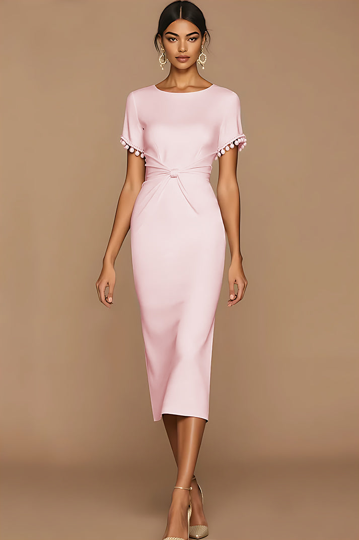 Laden Sie das Bild in den Galerie-Viewer, Weiß Bodycon Juwelenausschnitt Midi Standesamt Kleid mit Ärmel