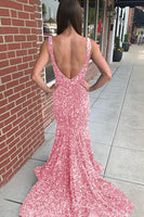 Laden Sie das Bild in den Galerie-Viewer, Meerjungfrau Blau V-Ausschnitt Pailletten Lange Abendkleid