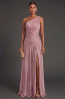 Laden Sie das Bild in den Galerie-Viewer, One schulter Gold Etuikleid Gerafft Langes Abendkleid mit Schlitz