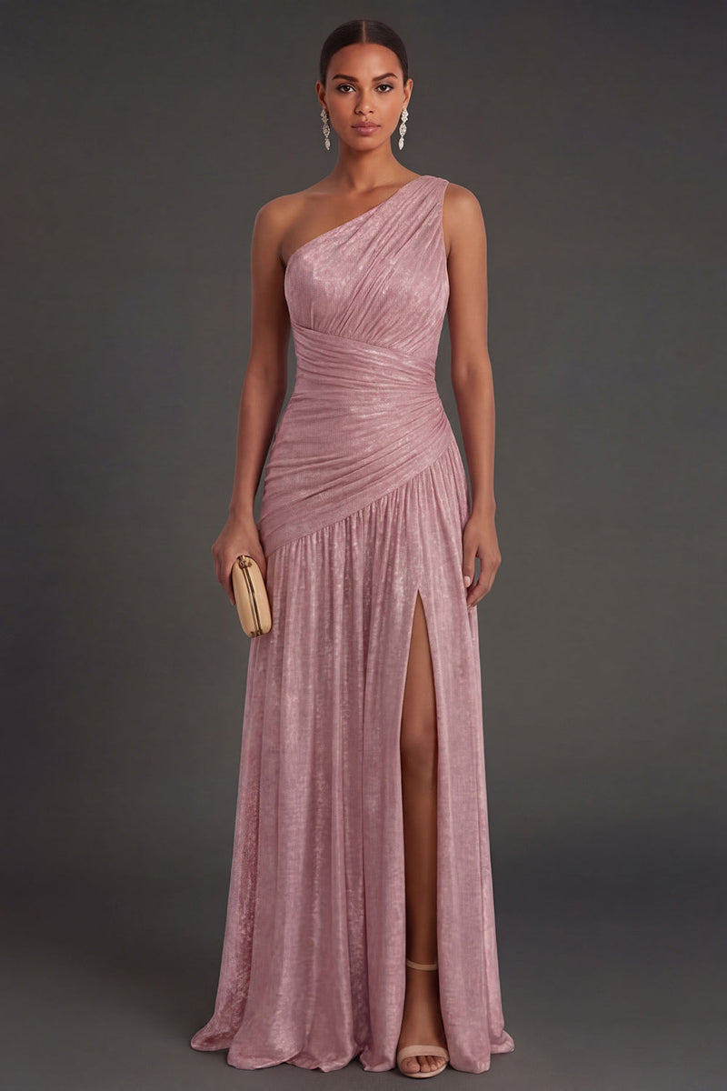 Laden Sie das Bild in den Galerie-Viewer, One schulter Gold Etuikleid Gerafft Langes Abendkleid mit Schlitz