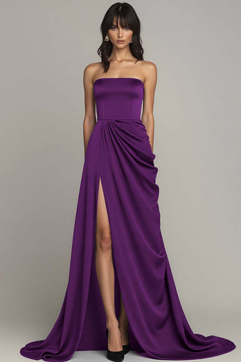 Schwarz Trägerlos Satin A Linie Lange Formelle Kleid mit Schlitz