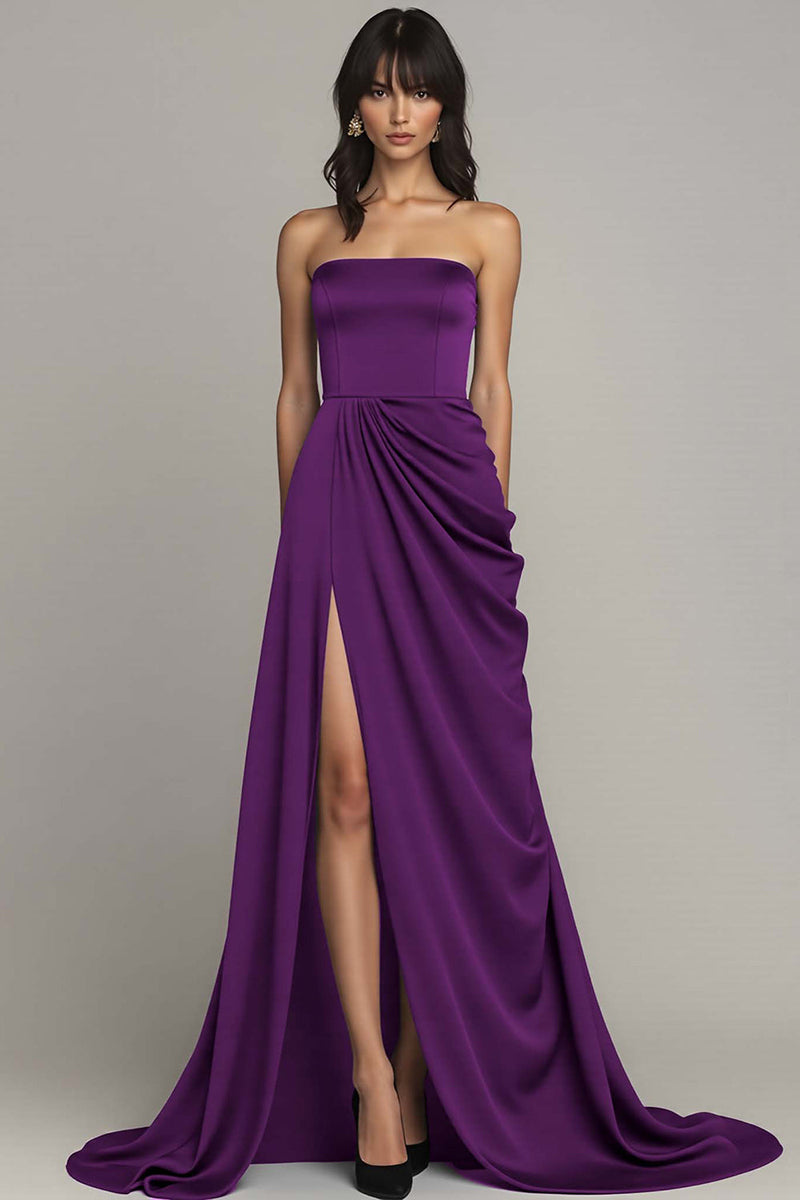 Laden Sie das Bild in den Galerie-Viewer, Schwarz Trägerlos Satin A Linie Lange Formelle Kleid mit Schlitz