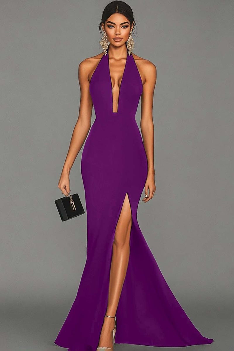 Laden Sie das Bild in den Galerie-Viewer, Elegant Schwarz Meerjungfrau Satin Neckholder Maxi Abendkleid mit Schlitz