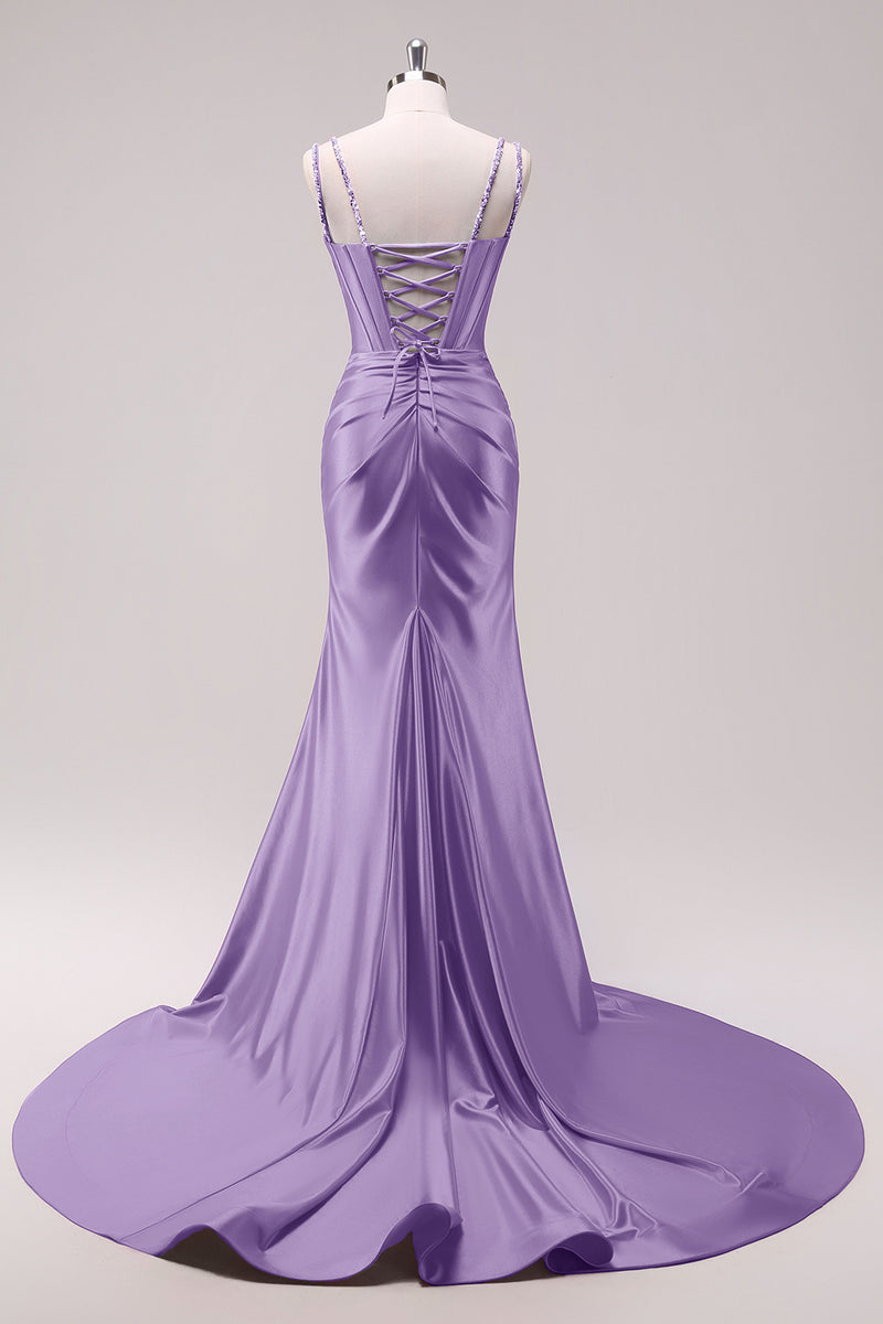 Laden Sie das Bild in den Galerie-Viewer, Glitzer Schwarz Korsett Spaghettiträger Lange Abendkleid mit Schlitz
