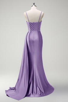 Glitzer Lila Korsett Meerjungfrau Lange Satin Abendkleid mit Schlitz
