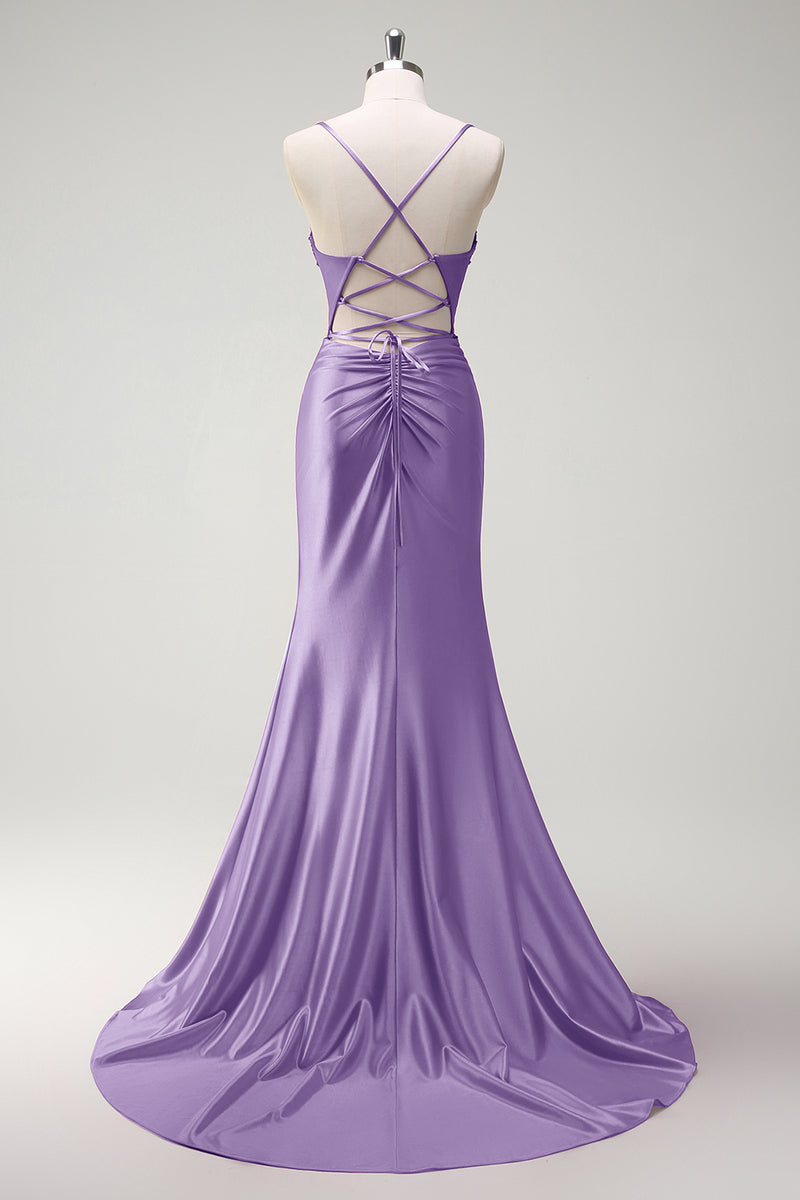 Laden Sie das Bild in den Galerie-Viewer, Glitzer Königsblau Korsett Perlen Lange Abendkleid it Schlitz