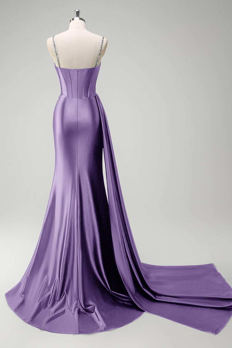 Laden Sie das Bild in den Galerie-Viewer, Glitzer Salbei Spaghettiträger Korsett Lange Abendkleid mit Schlitz