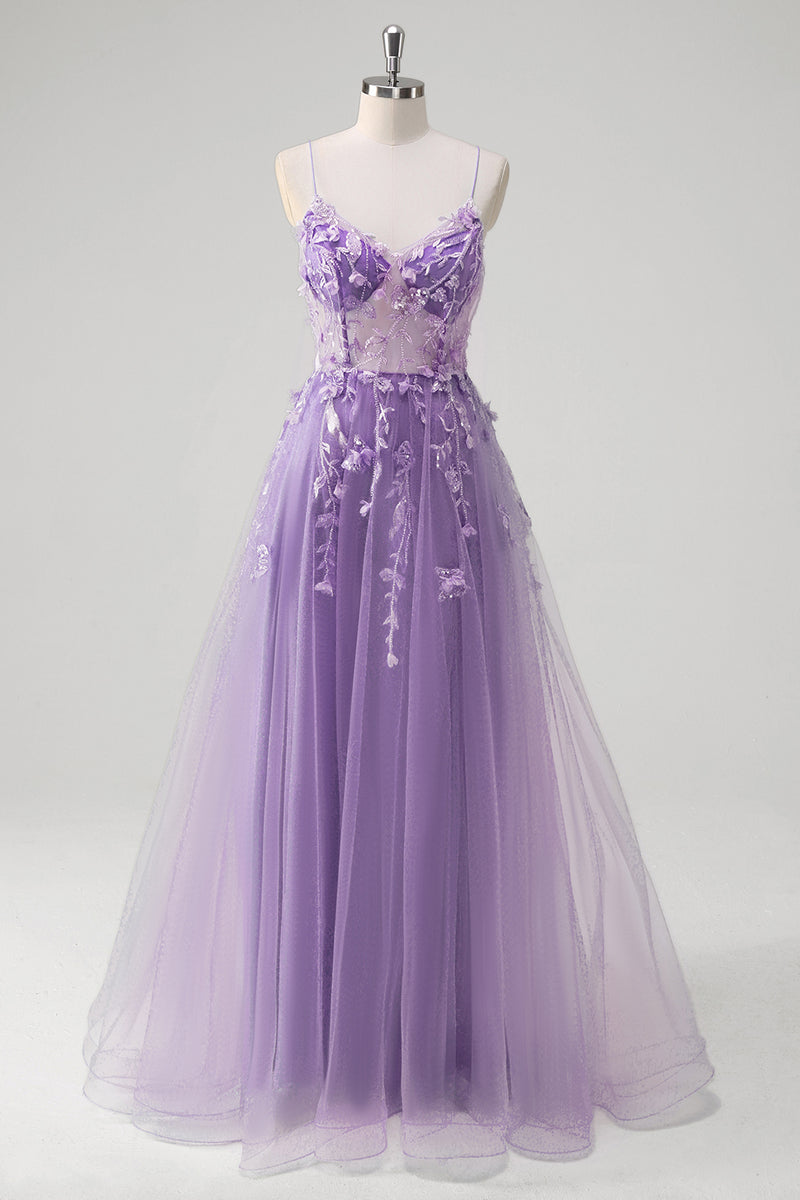 Laden Sie das Bild in den Galerie-Viewer, Blumen Blau A Linie Korsett Lange Abendkleid mit Applikationen