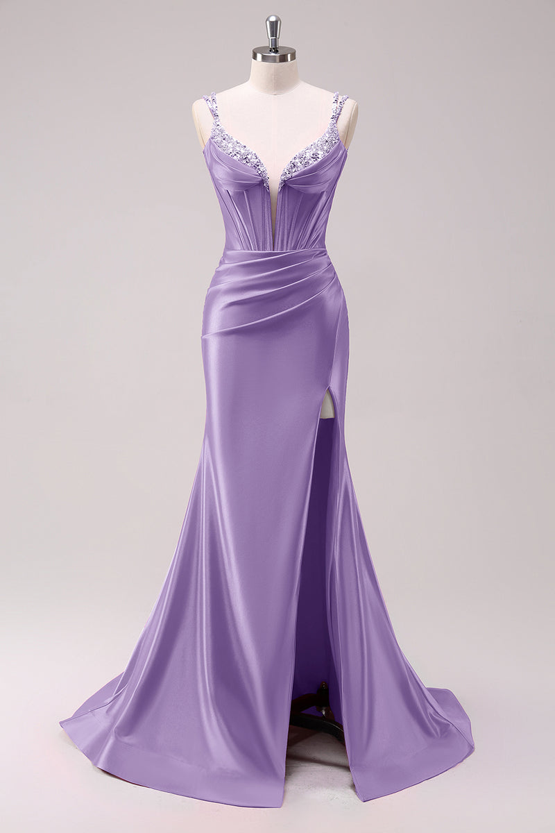Laden Sie das Bild in den Galerie-Viewer, Glitzer Schwarz Korsett Spaghettiträger Lange Abendkleid mit Schlitz