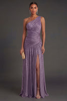 Laden Sie das Bild in den Galerie-Viewer, One schulter Gold Etuikleid Gerafft Langes Abendkleid mit Schlitz