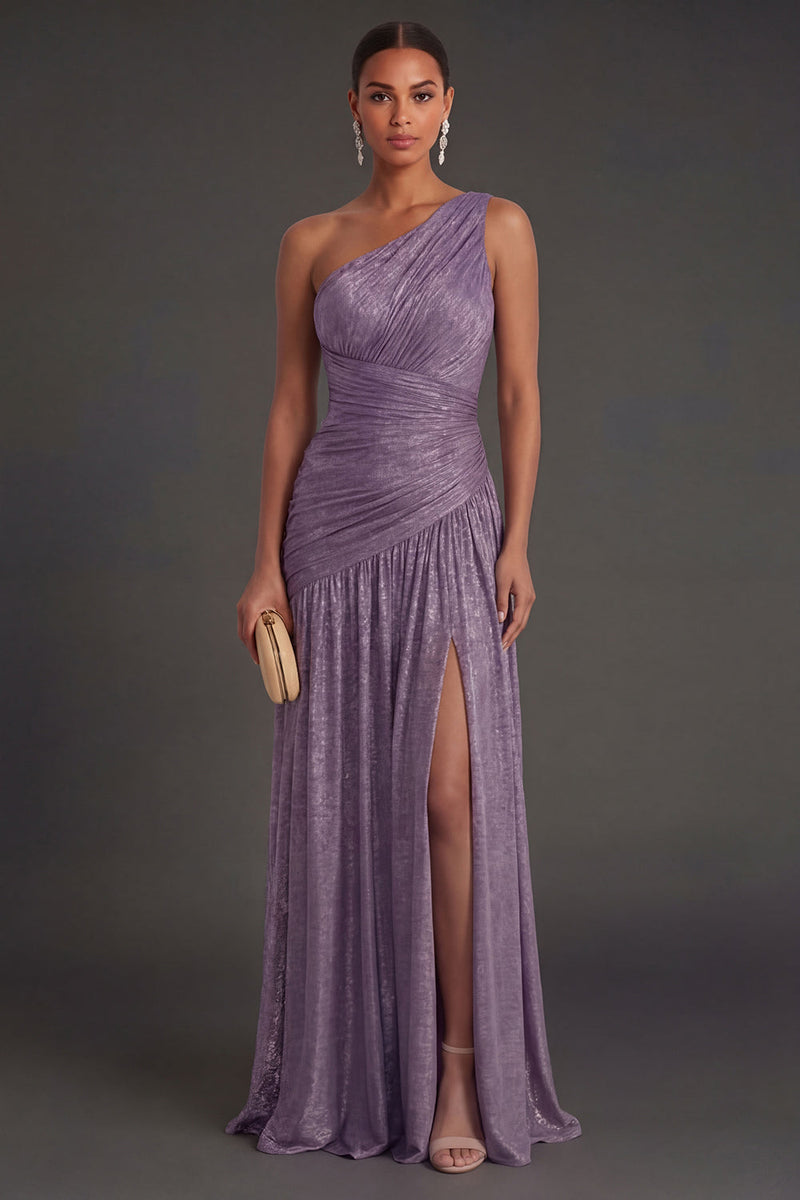 Laden Sie das Bild in den Galerie-Viewer, One schulter Gold Etuikleid Gerafft Langes Abendkleid mit Schlitz