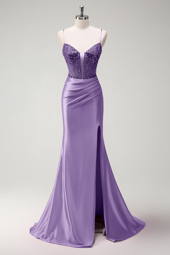 Glitzer Königsblau Korsett Perlen Lange Abendkleid it Schlitz