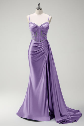 Glitzer Lila Korsett Meerjungfrau Lange Satin Abendkleid mit Schlitz
