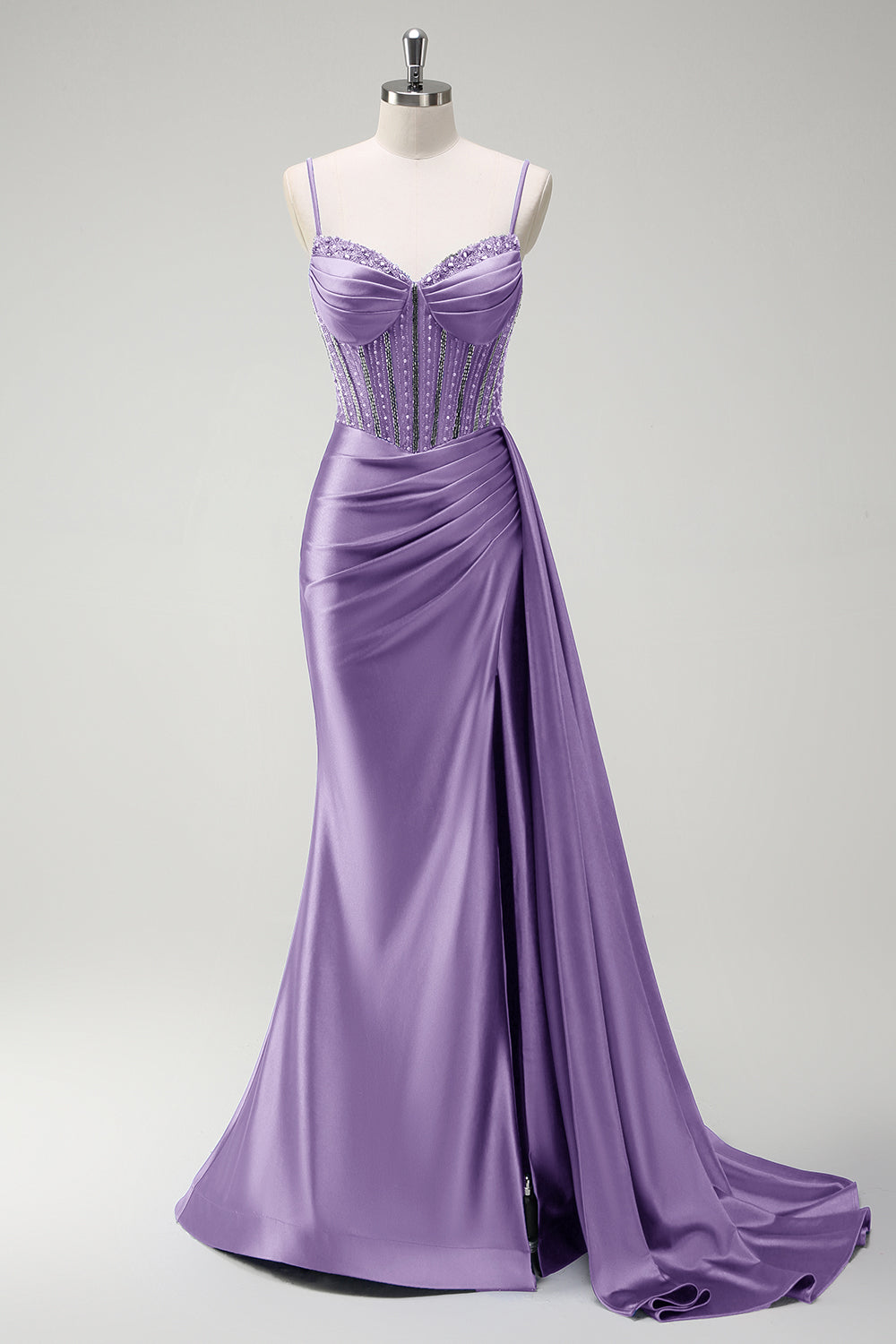 Glitzer Lila Korsett Meerjungfrau Lange Satin Abendkleid mit Schlitz
