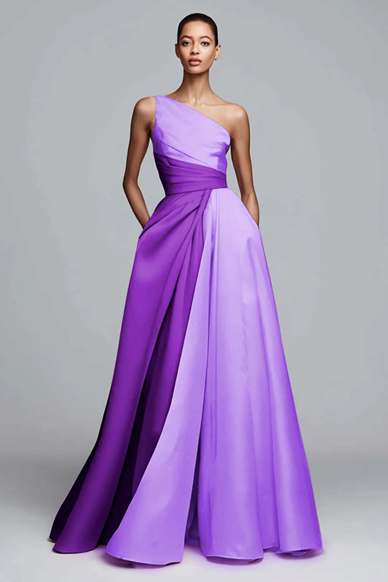 Laden Sie das Bild in den Galerie-Viewer, Leely Women Purple and Lilac Satin Maxi Formal Dress One Shoulder A Line Patchwork Party Dress Formal Weddig Guest Dress with Pockets Alternative Wedding Guest Dress