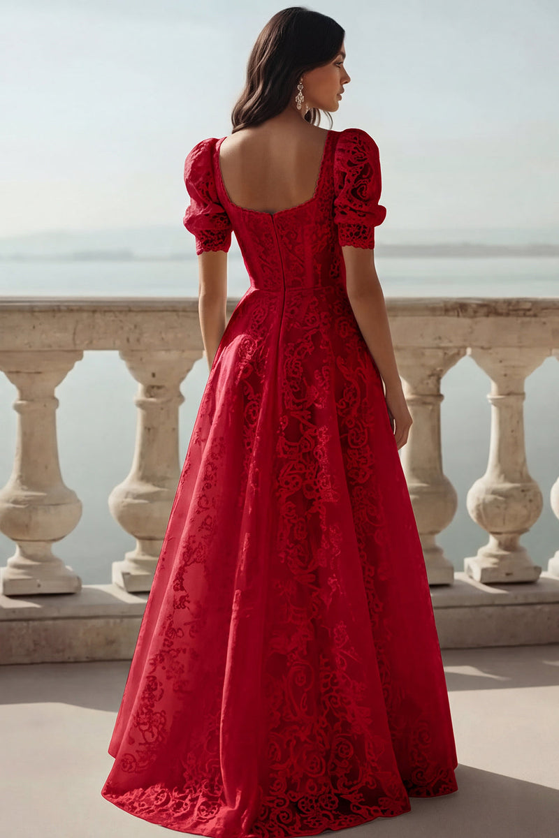 Laden Sie das Bild in den Galerie-Viewer, Weiß Spitze Eckiger Ausschnitt A-Linien Langes Brautkleid