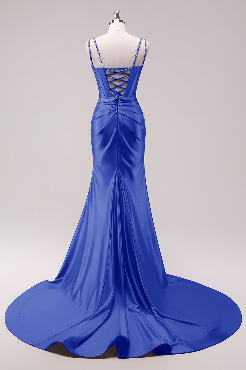 Laden Sie das Bild in den Galerie-Viewer, Glitzer Schwarz Korsett Spaghettiträger Lange Abendkleid mit Schlitz