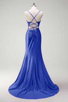 Glitzer Königsblau Korsett Perlen Lange Abendkleid it Schlitz