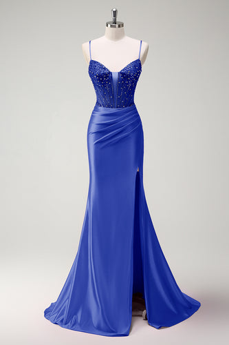 Glitzer Königsblau Korsett Perlen Lange Abendkleid it Schlitz