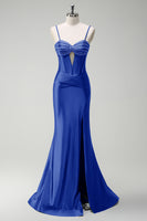 Laden Sie das Bild in den Galerie-Viewer, Glitzer Orange Korsett Meerjungfrau Lange Satin Abendkleid mit Schlitz