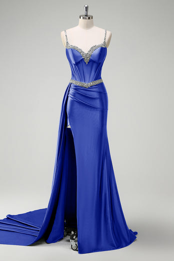 Glitzer Salbei Spaghettiträger Korsett Lange Abendkleid mit Schlitz