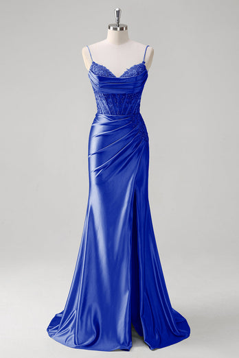 Grün Meerjungfrau Spaghettiträger Satin Korsett Langes Ballkleid mit Schlitz