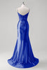 Laden Sie das Bild in den Galerie-Viewer, Grün Meerjungfrau Spaghettiträger Satin Korsett Langes Ballkleid mit Schlitz