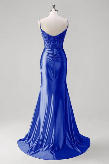 Grün Meerjungfrau Spaghettiträger Satin Korsett Langes Ballkleid mit Schlitz