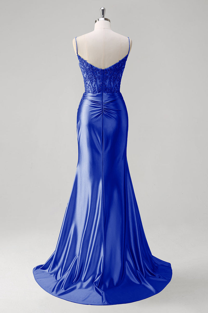 Laden Sie das Bild in den Galerie-Viewer, Grün Meerjungfrau Spaghettiträger Satin Korsett Langes Ballkleid mit Schlitz