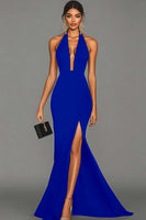 Laden Sie das Bild in den Galerie-Viewer, Elegant Schwarz Meerjungfrau Satin Neckholder Maxi Abendkleid mit Schlitz